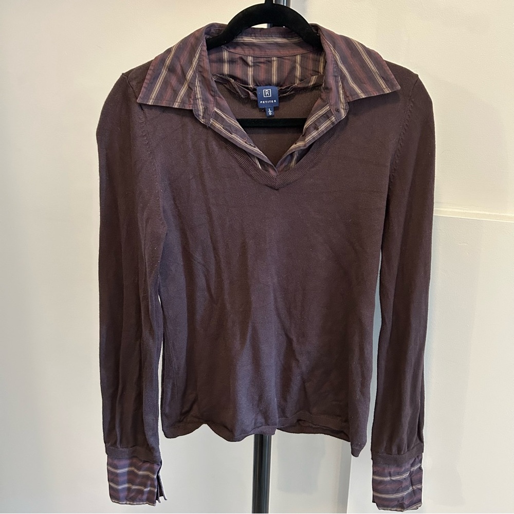 Brown Long sleeve Shirt with Striped Collar and Cuffs Size L